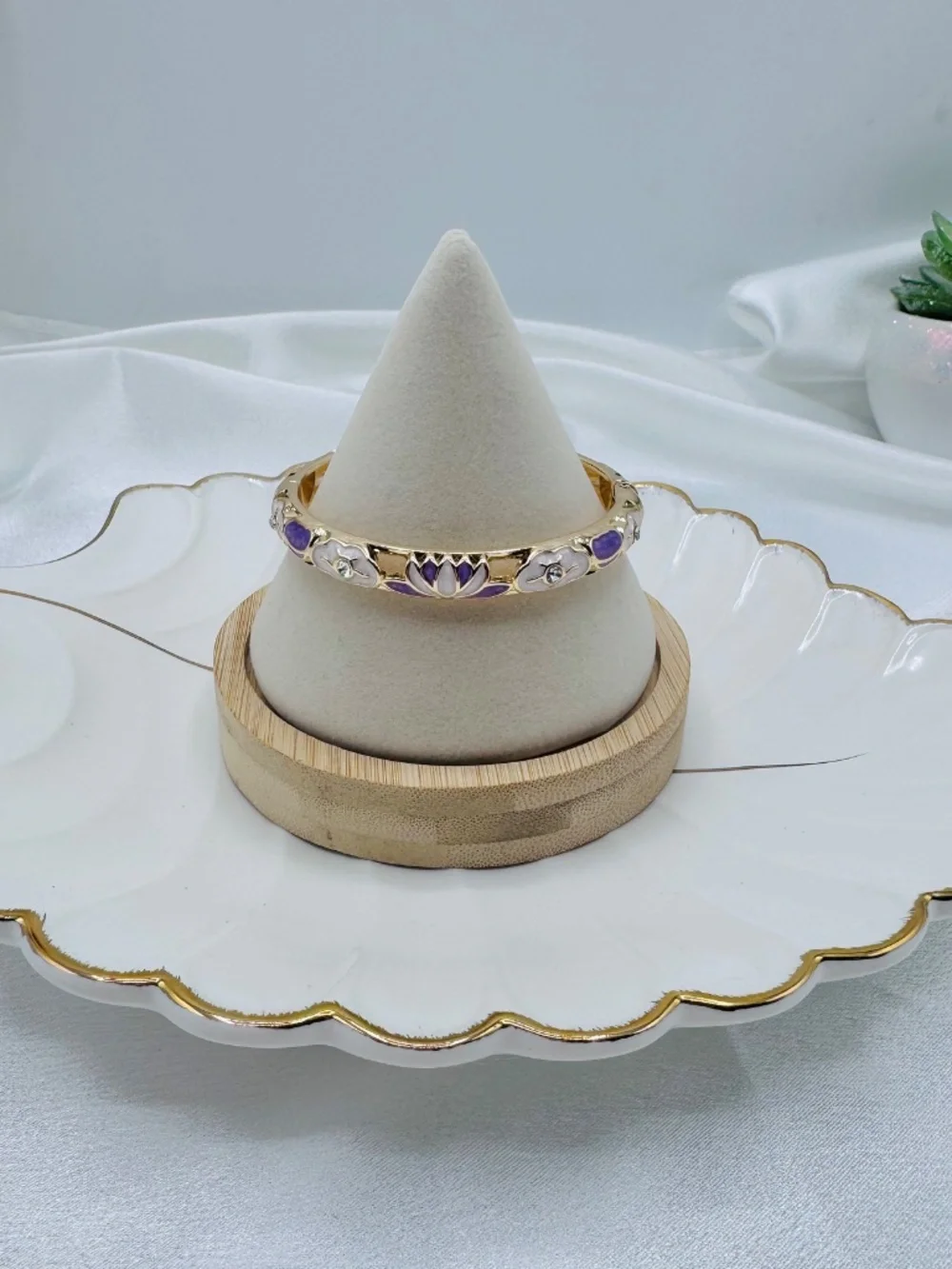 Gold Tone Purple Lotus Flower Enamel Hinged Bangle Bracelet Boho Floral